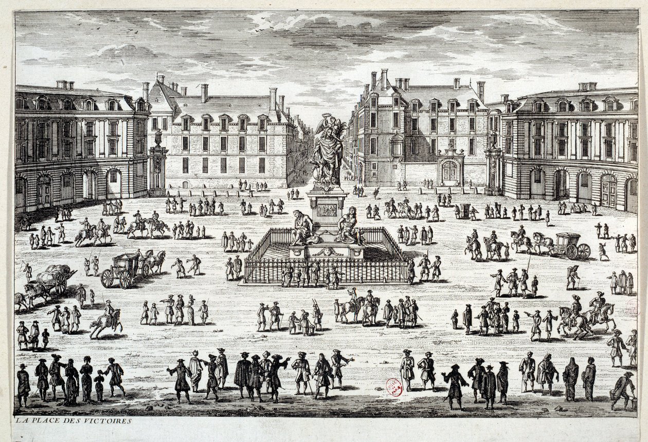 Vista da Place des Victoires em Paris com a estátua de Luís XIV levantada pelo marechal de la Feuillade em 1686. Gravura da Paris do século XVII, Musee Carnavalet de Unknown artist