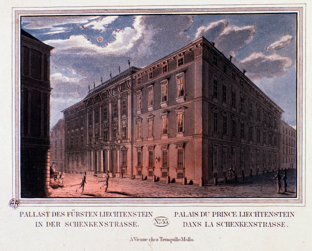 Vista do Palácio do Príncipe Lichtenstein em Viena, Áustria. Gravura a partir de 1820 Colecção privada de Unknown artist
