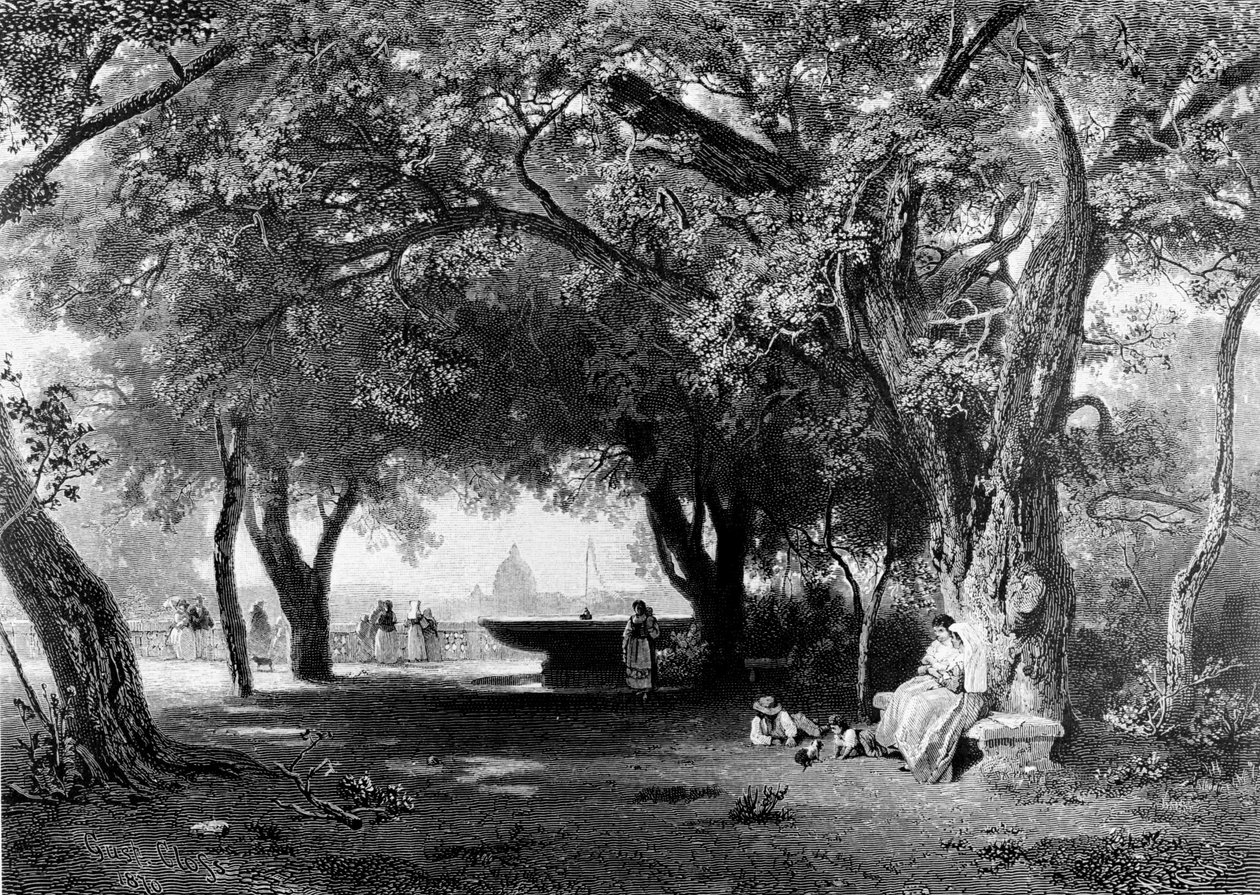 Vista de Roma desde o Pincio onde se encontra a Villa Medici. No fundo vemos a cúpula de São Pedro. Gravura, por volta de 1840. de Unknown artist