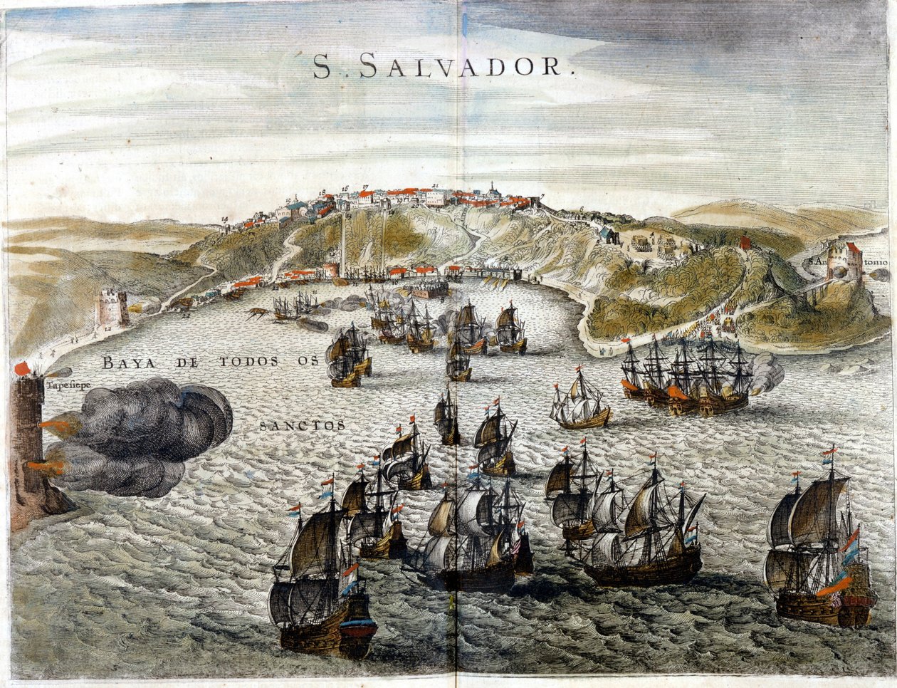 Vista de Salvador, anteriormente conhecida como Bahia, capital do Brasil em 1549, quando foi fundada - Gravura do século XVI de Unknown artist