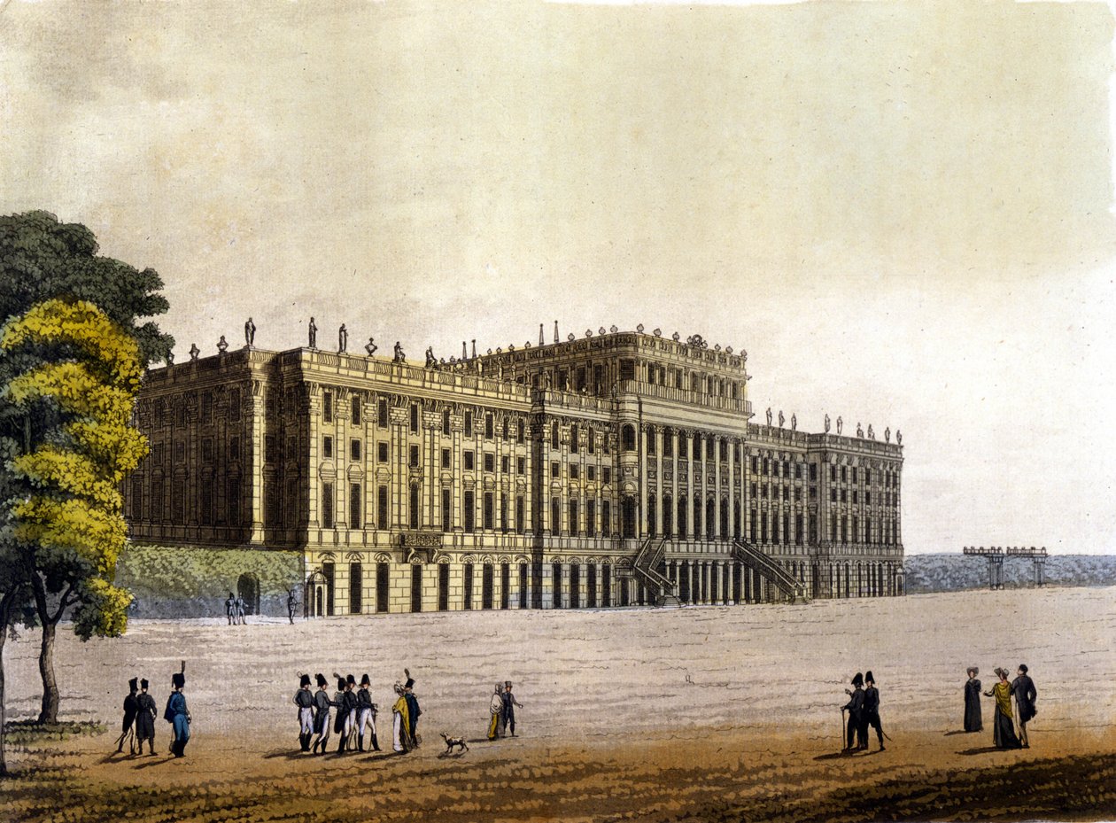 Vista do Castelo de Schonbrunn, antiga residência da Família Imperial Austríaca, Viena, Áustria, gravada por volta de 1830 de Unknown artist