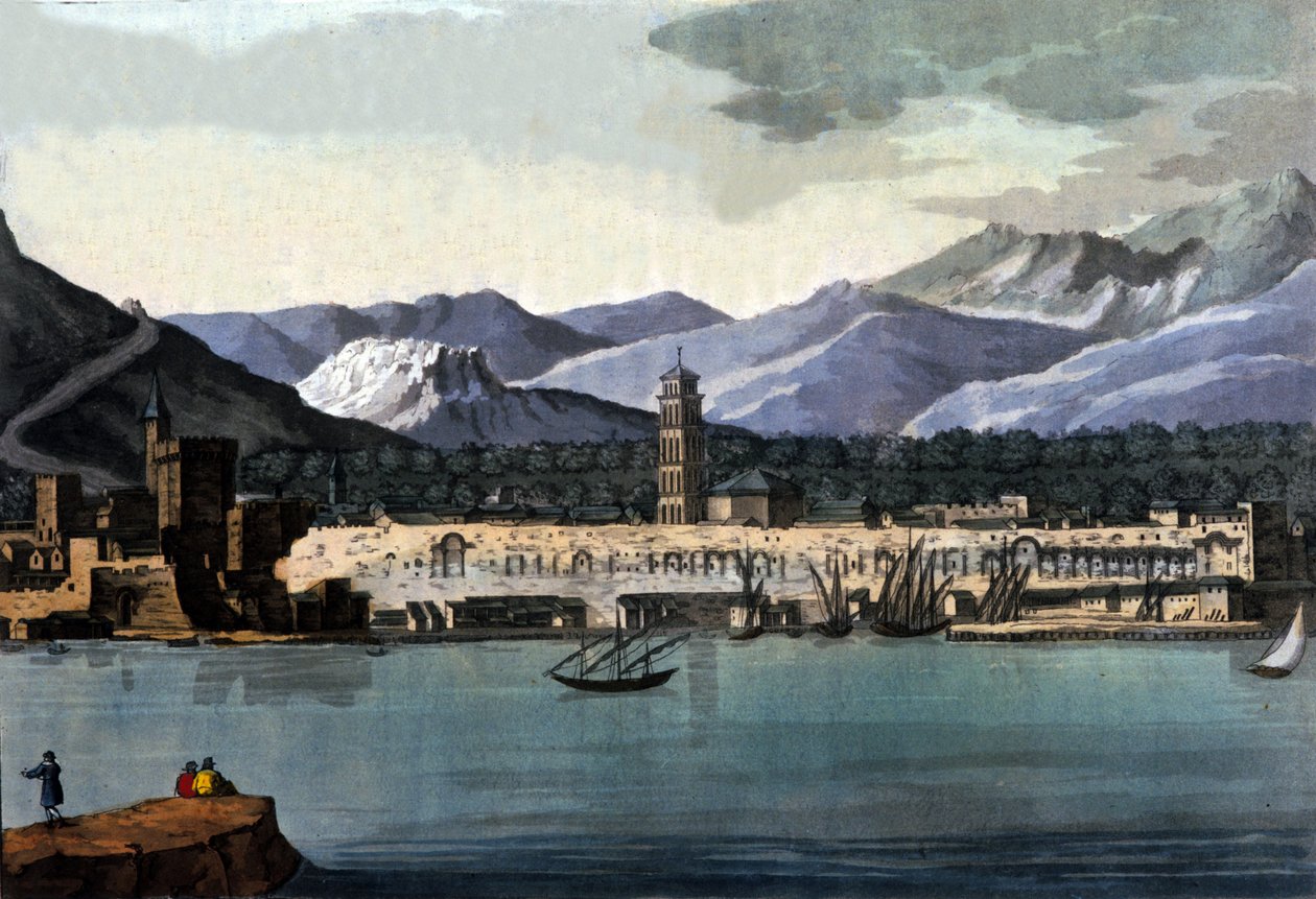 Vista de Split (Spalato), Croácia, a partir do mar. Aquarela do início do século XIX de Unknown artist