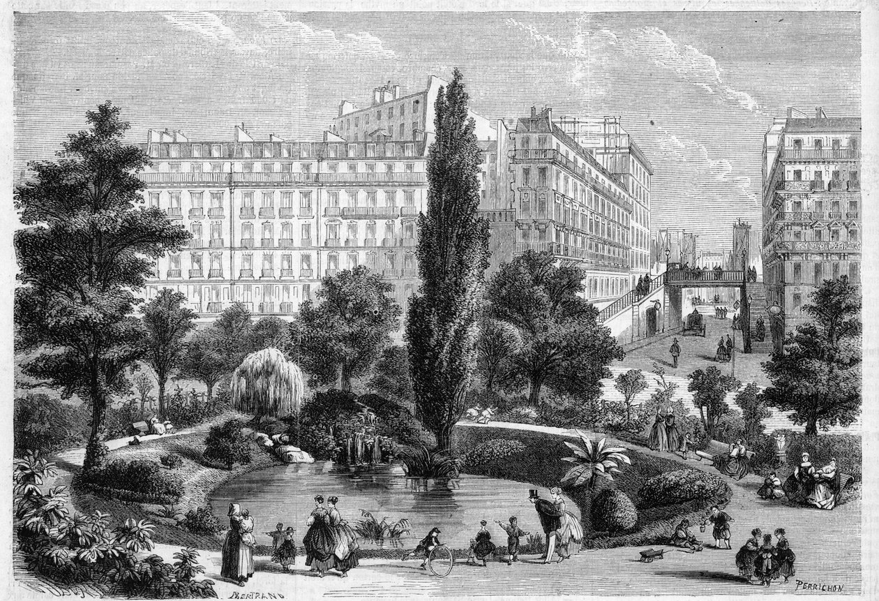 Vista do Square Montholon e da ponte da Rue Bellefond em Paris, no 9º arrondissement. Gravura em "The Universe illustrious" (O Universo ilustre) de Unknown artist