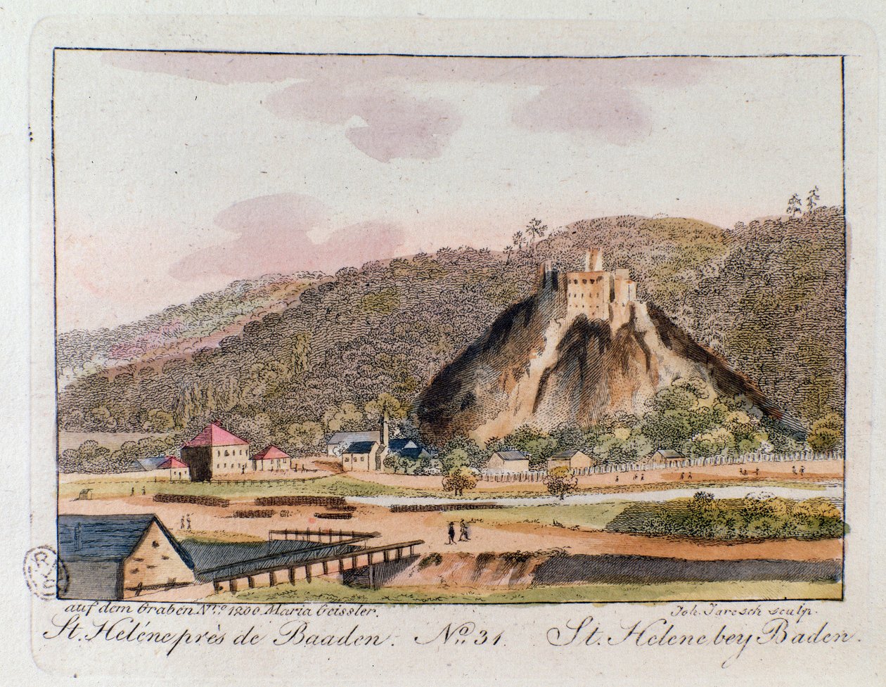 Vista de St. Helene (St. Helene) em Baden, Áustria. Gravura a partir de 1815 Colecção privada de Unknown artist
