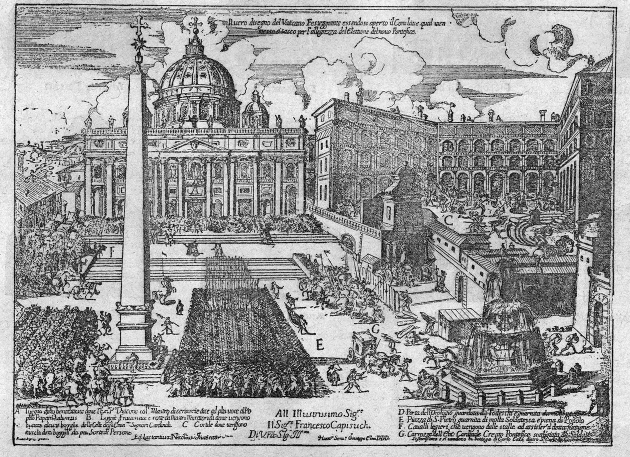 Vista da Praça de São Pedro durante um Conclave para a eleição de um novo Papa: a multidão saqueou a praça: era uma tradição: a multidão concorreu, no momento do anúncio da eleição do novo Papa, à casa do Cardeal eleito e ao ransac de Unknown artist