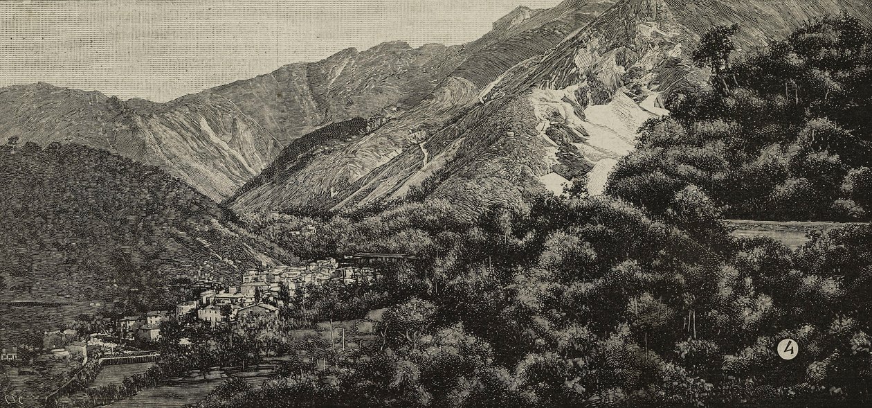 Vista de Torano perto de Carrara, Itália, ao fundo, uma pedreira de mármore, gravura a partir de uma fotografia de A Noak de L