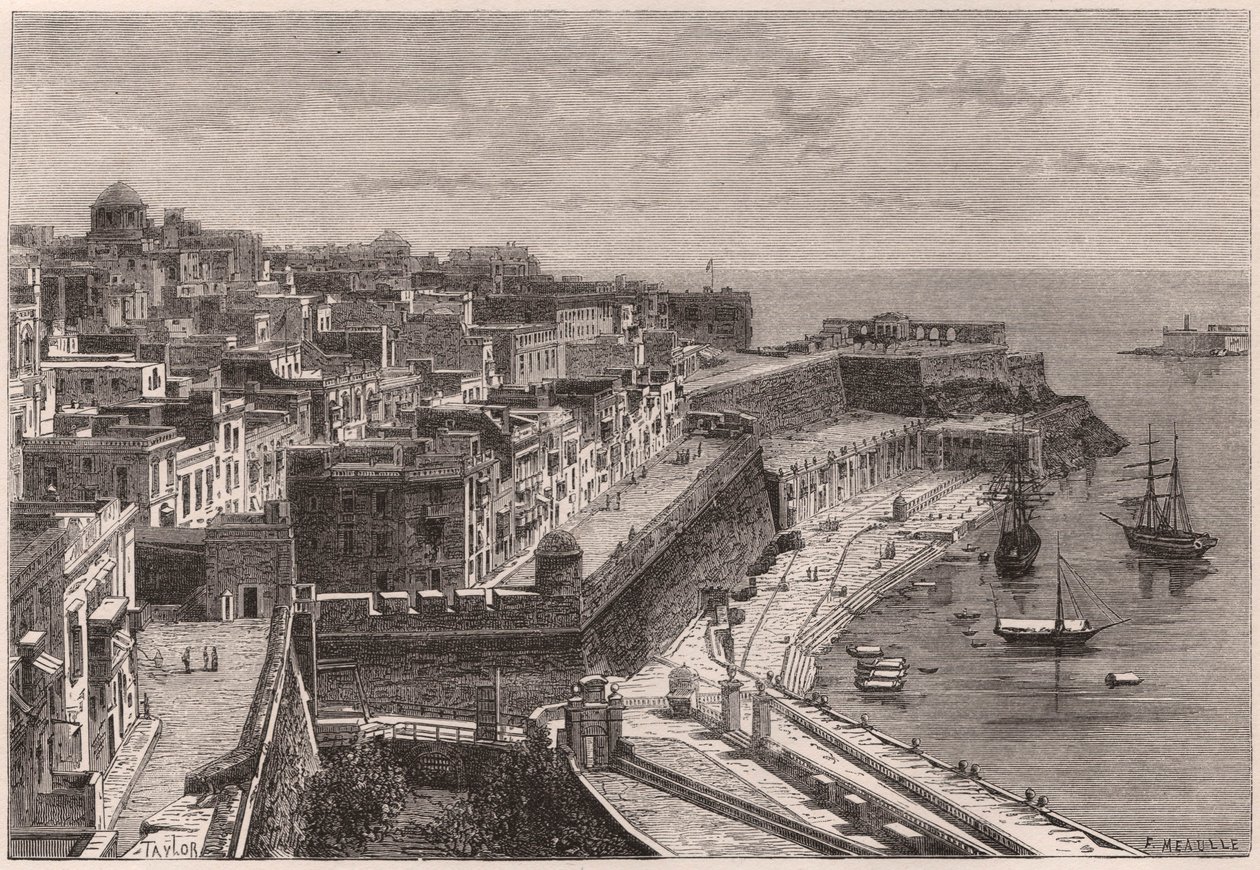 Vista de Valletta e seu porto no século XIX de Unknown