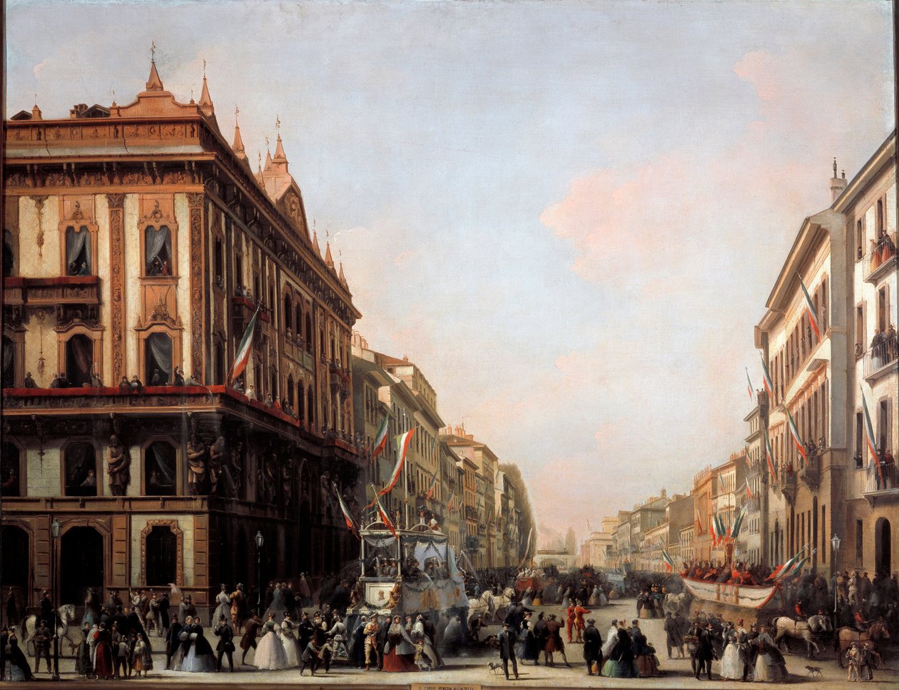 Vista da rua Venezia com carro alegórico de carnaval, Milão (pintura de Unknown artist