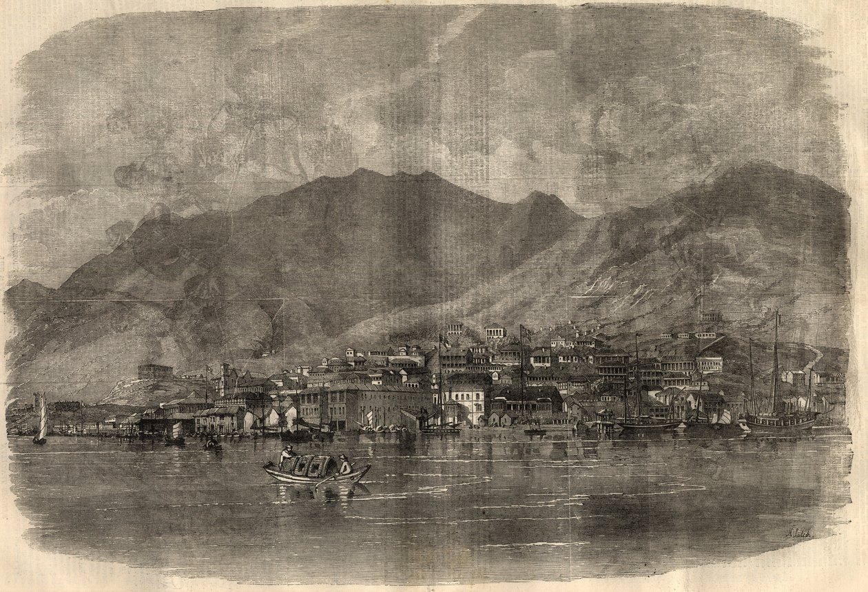 Vista da cidade de Victoria em Hong Kong. Gravação em "The Illustrated London News" de 14 de março de Unknown artist