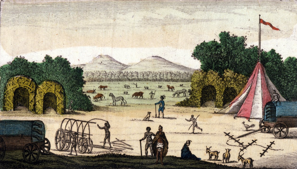 Vista de um campo holandês (de Pioneers Boers ou Voortrekkers, Afrikaners) em Pampoen Kraal (Pampoen-Kraal), Província do Cabo, África do Sul. 1860 de Unknown artist