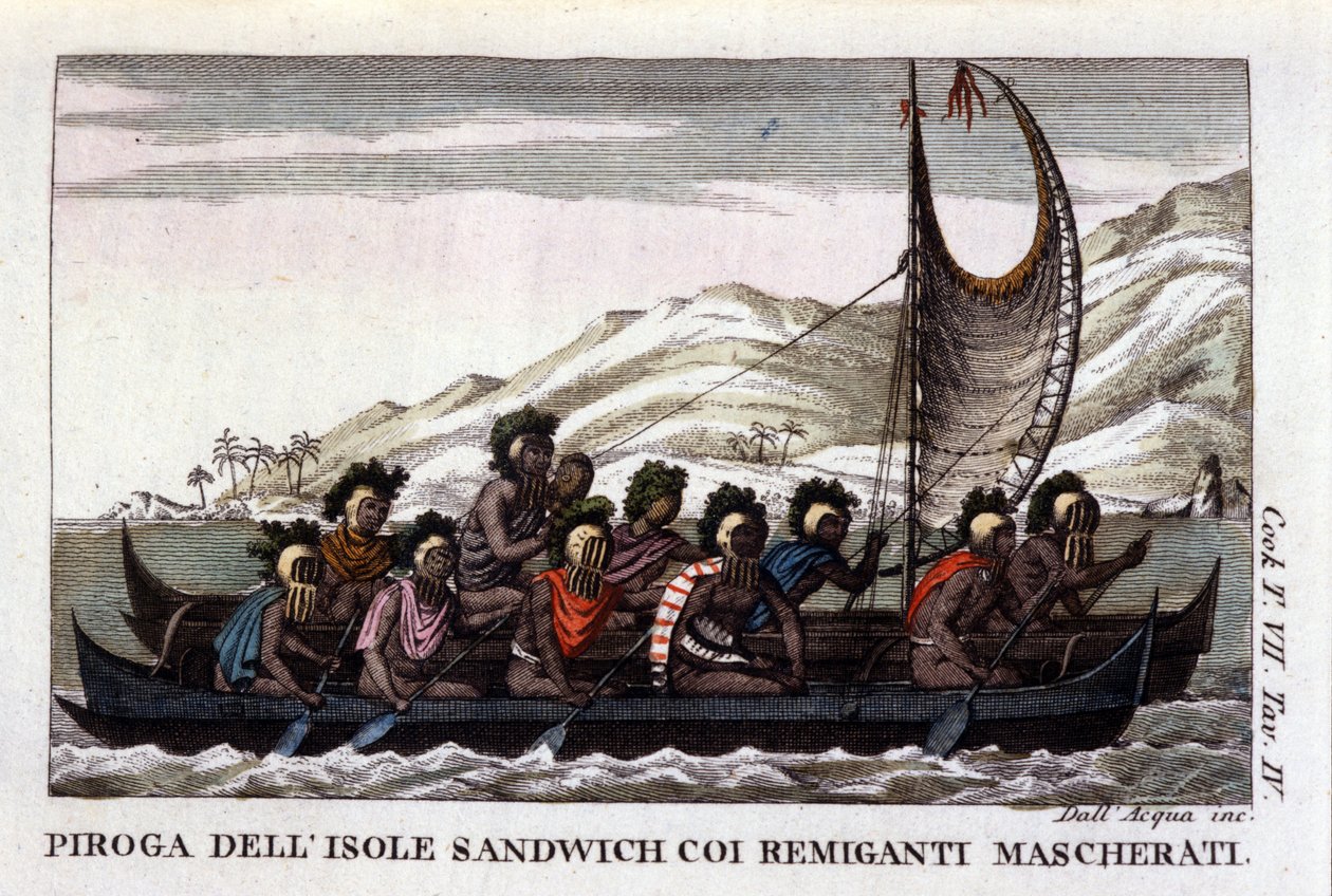 Vista de uma canoa com velas das ilhas havaianas na Polinésia, a tripulação usa máscaras típicas. Litografia do início do século XIX de Unknown artist