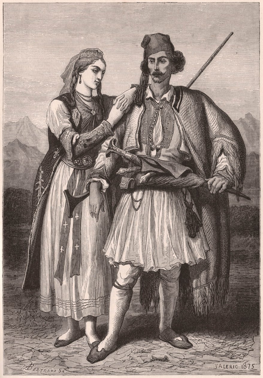 Vista, par, albanês, tradicional, traje, XIX, século de Unknown