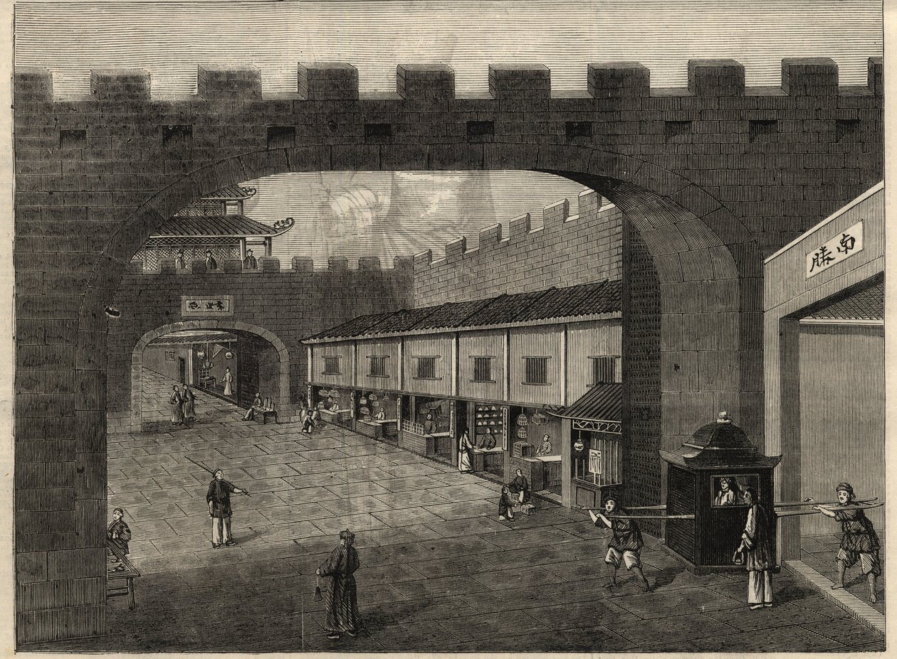 Vista de uma rua nas muralhas da cidade de Guangzhou, China. Gravação em "The Illustrated London News" de 14 de Fevereiro de 1857. de Unknown artist
