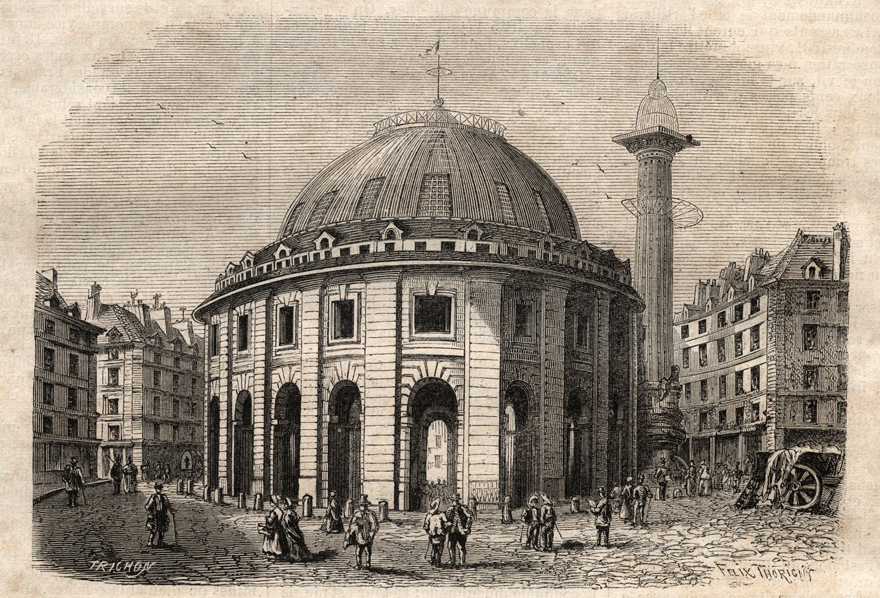 Vista do halle au ble em Paris (construído em 1763-1769) e da coluna Medici, gravada a partir do século XIX - troca de trigo e milho em Paris (construído em 1763-1769), gravada no início do século XIX - Vue de la Halle au ble, colocada no actual Hotel de S de Unknown artist