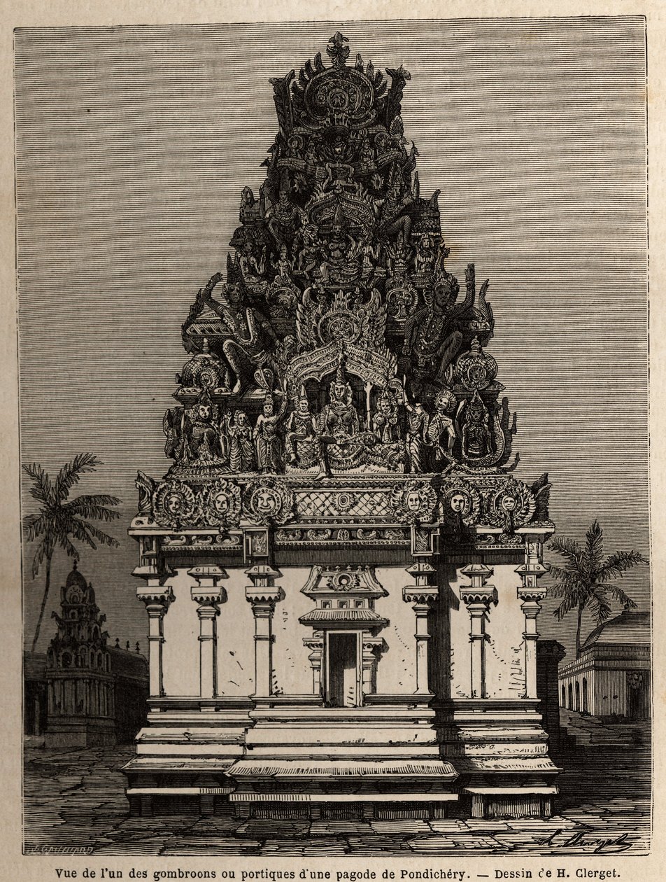 Vista de um dos gombroons ou pórticos de um pagode pondichery (Pondicherry) (Índia). Gravura para ilustrar uma expedição ao pagode de Chillambaran (Coromandel cote), de 1838 a 1844, pelo contra-almirante Paris, diretor do depósito de cartes de Unknown artist