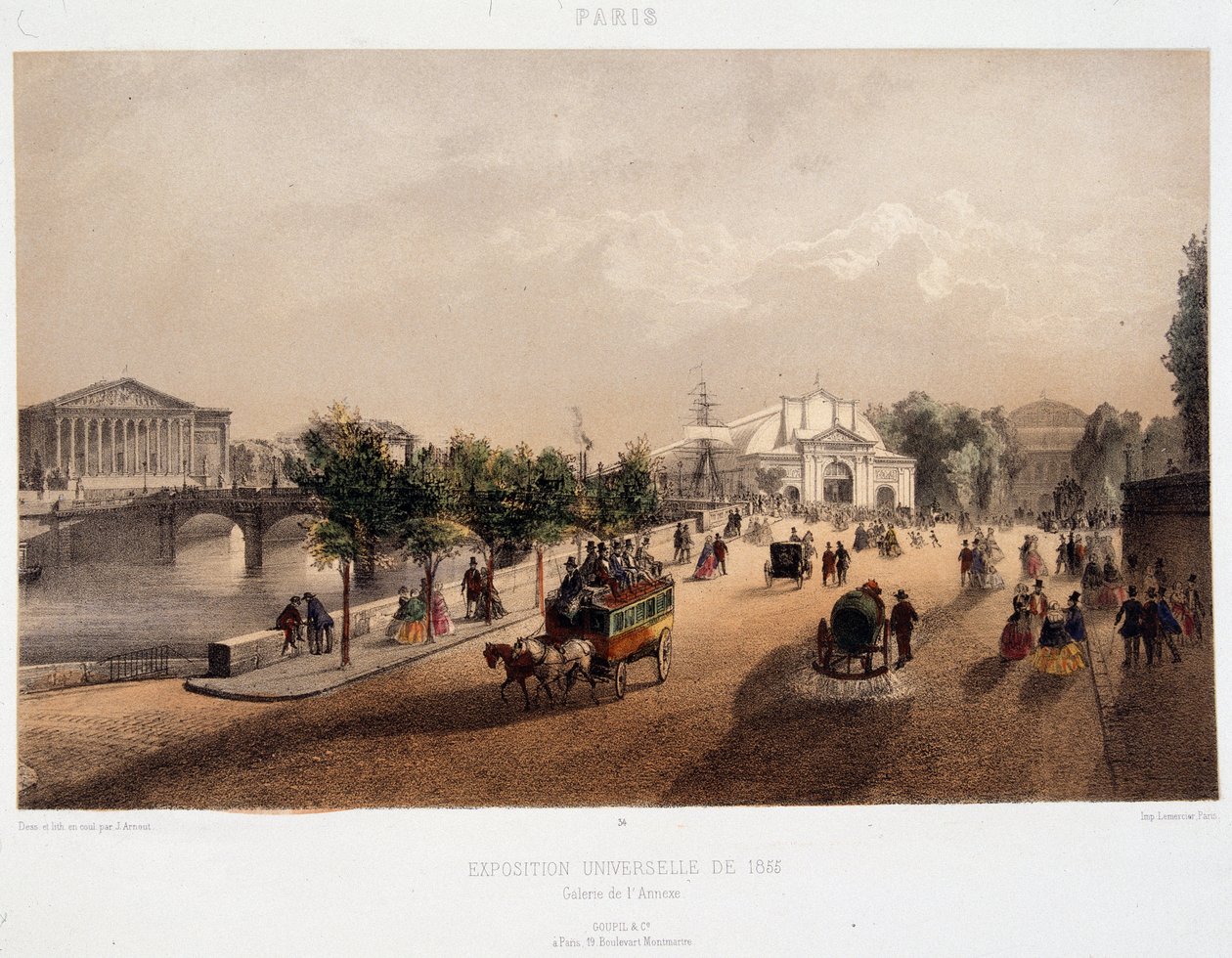 Vista da Exposição Universal de 1855 em Paris, França - Litografia de Unknown artist