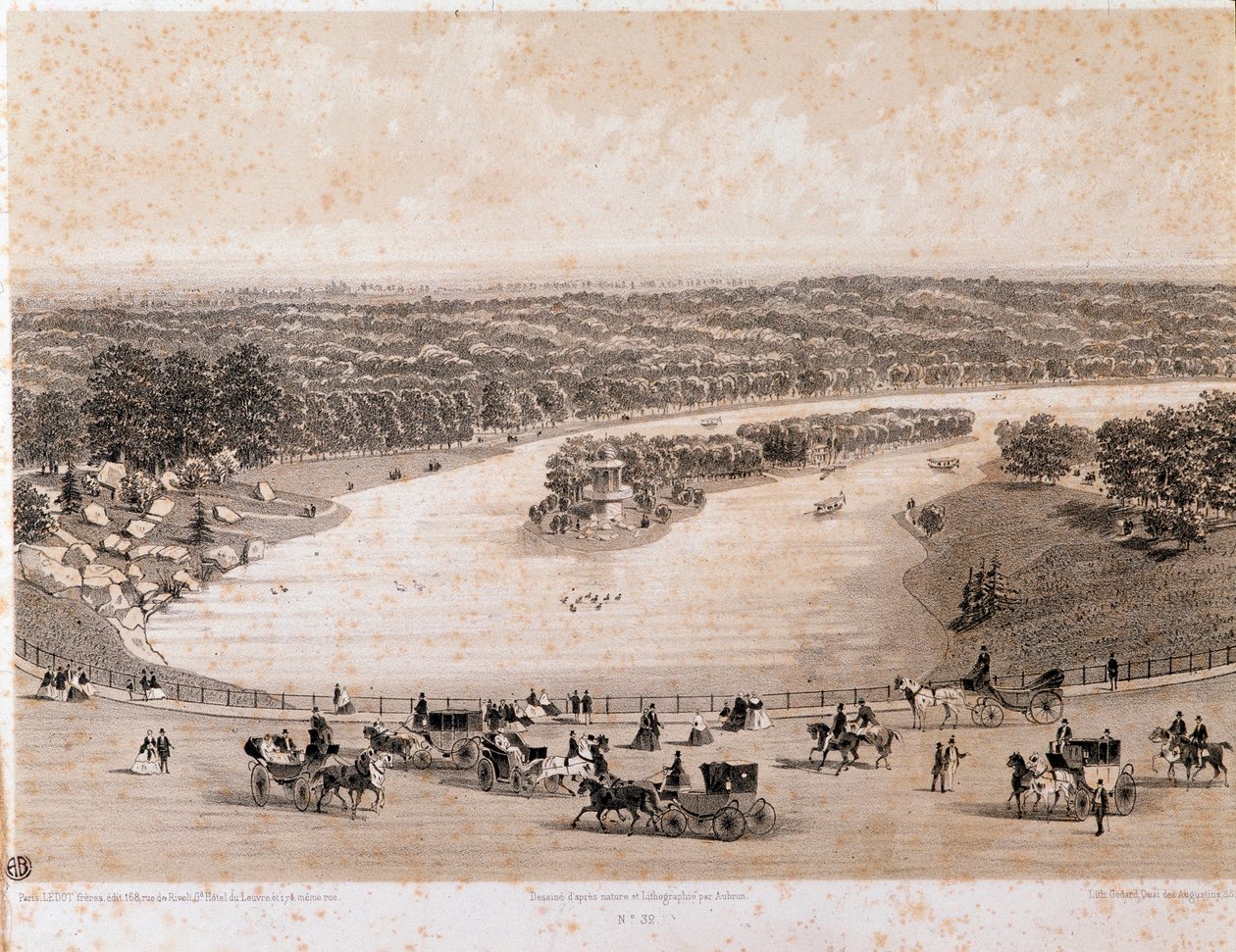 Vista do Bois de Boulogne em Paris. Litografia a partir de 1850. Coleção privada de Unknown artist