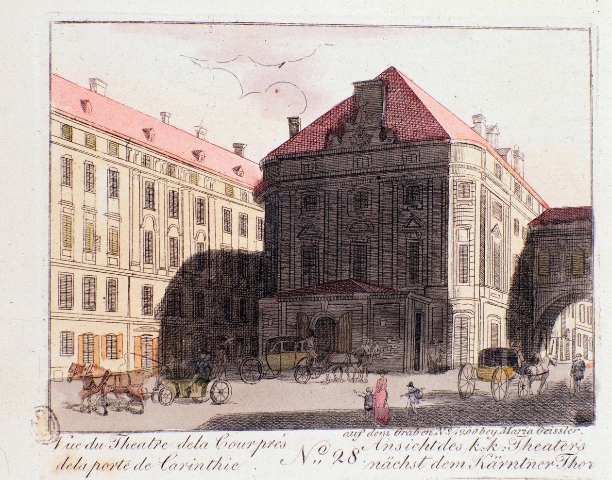 Vista do Teatro do Tribunal perto da Porta da Caríntia (Karntnertortheater ou Teatro am Karntnertor) em Viena onde a 9ª Sinfonia de Beethoven foi representada pela primeira vez em 07/05/1824. Áustria. Gravura a partir de 1815 Coleção Privada de Unknown artist