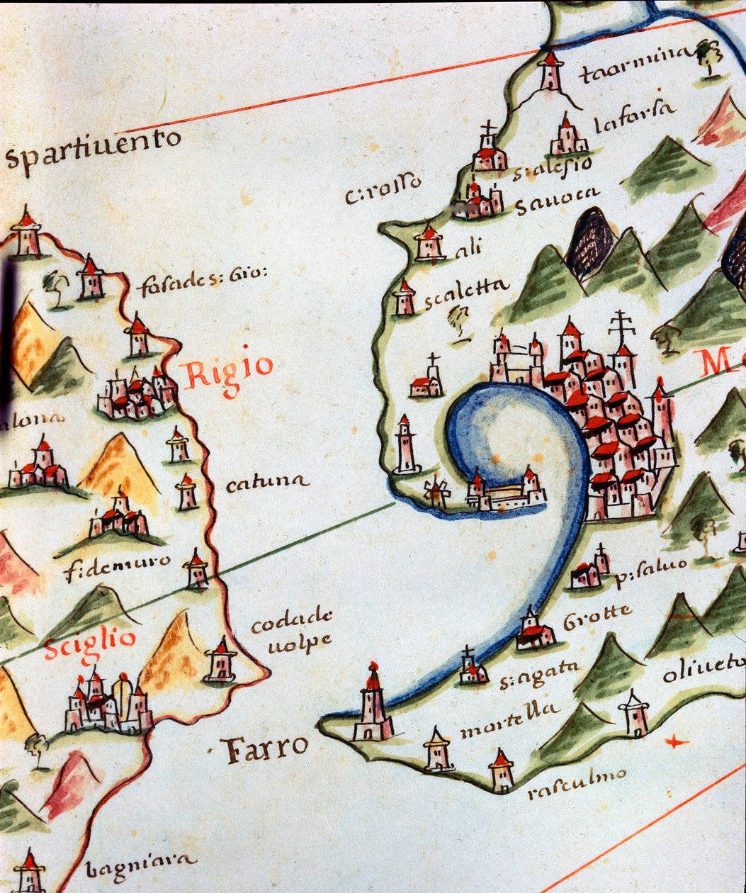 Vista da Detroit de Messina entre a Calábria e a Sicília na Itália. Detalhe do portulano de Castellini de Unknown artist
