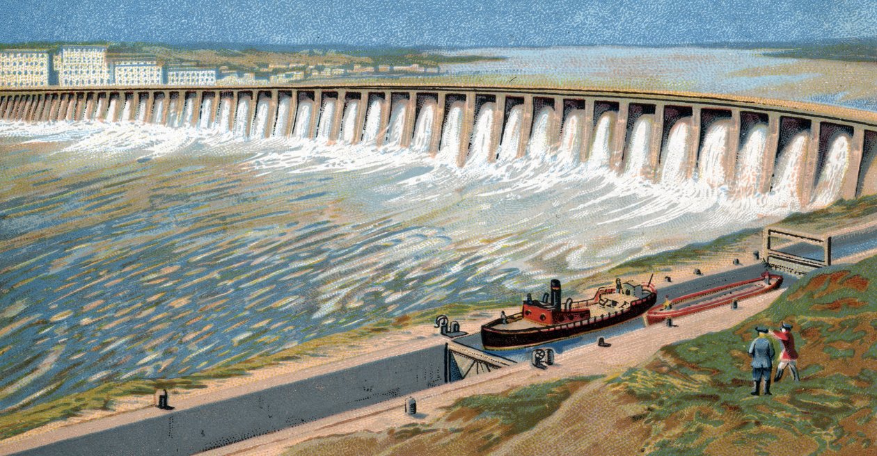 Vista da central hidroelétrica de Dnieper ou barragem de Dneprostroi, construída para estimular a industrialização soviética por Iosef Stalin em 1932 Cromolitografia de Unknown Artist