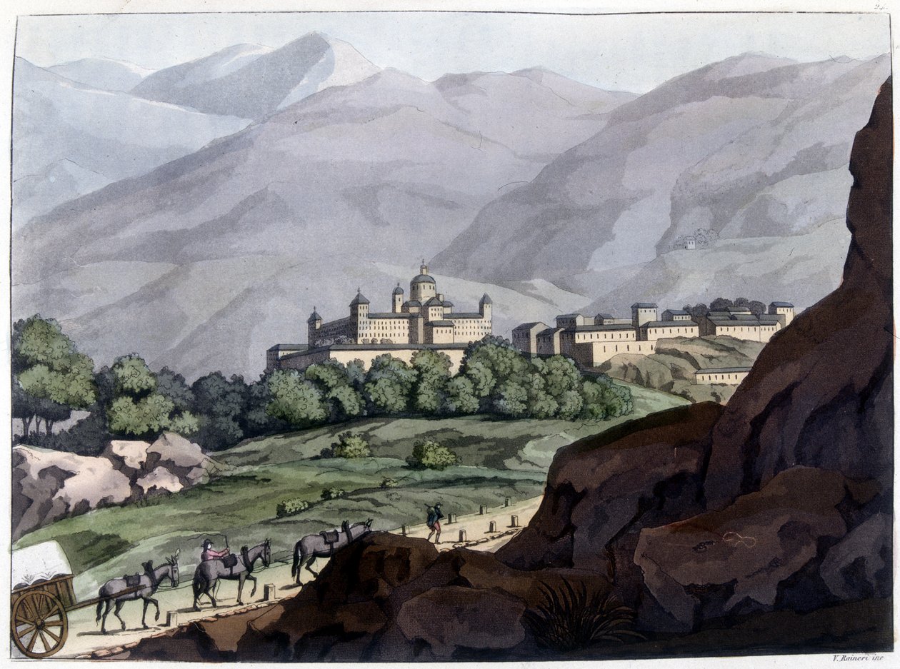 Vista do Escorial, palácio e mosteiro de Espanha, construído sob a direcção de Filipe II entre 1563 e 1584. Litografia do século XIX. de Unknown artist