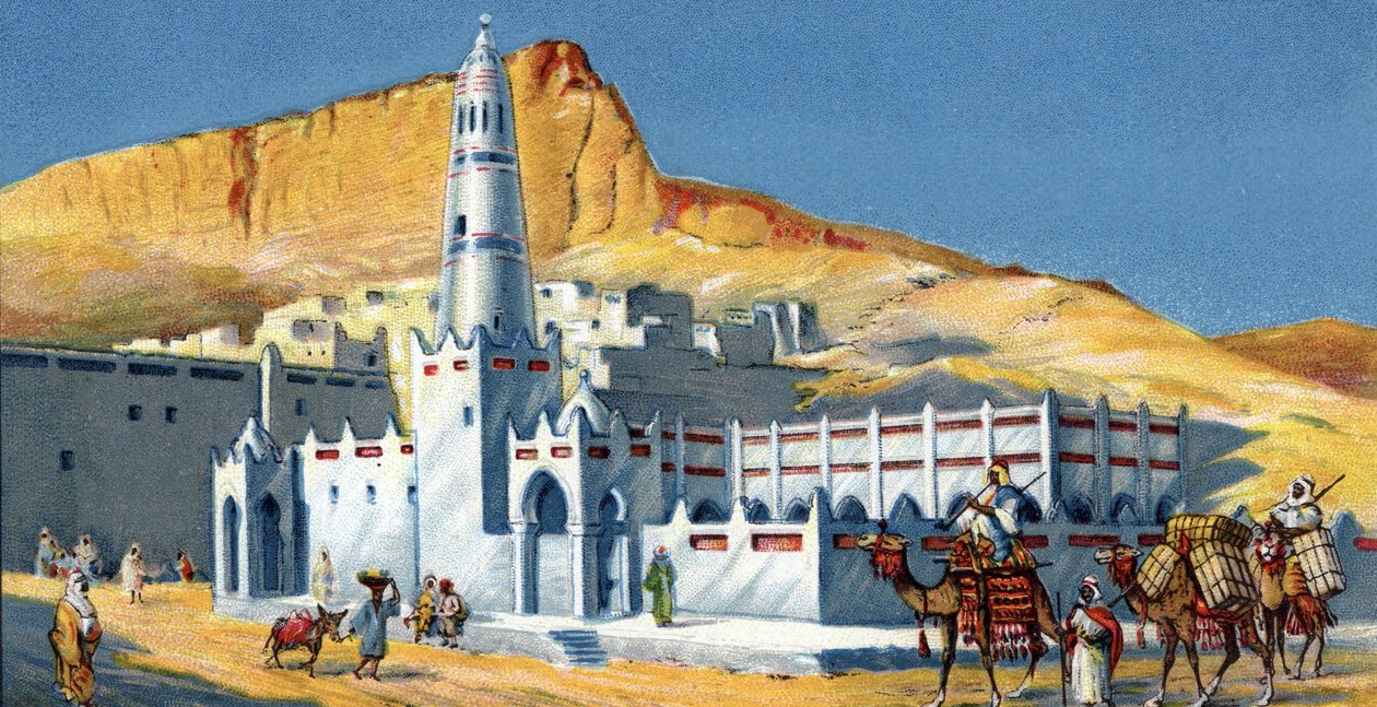 Vista da mesquita de Horeda, deserto de Hadramaout, Iémen (Horeda Mosque Hadramaut Yemen) Cromolitografia de 1930 Coleção particular de Unknown Artist