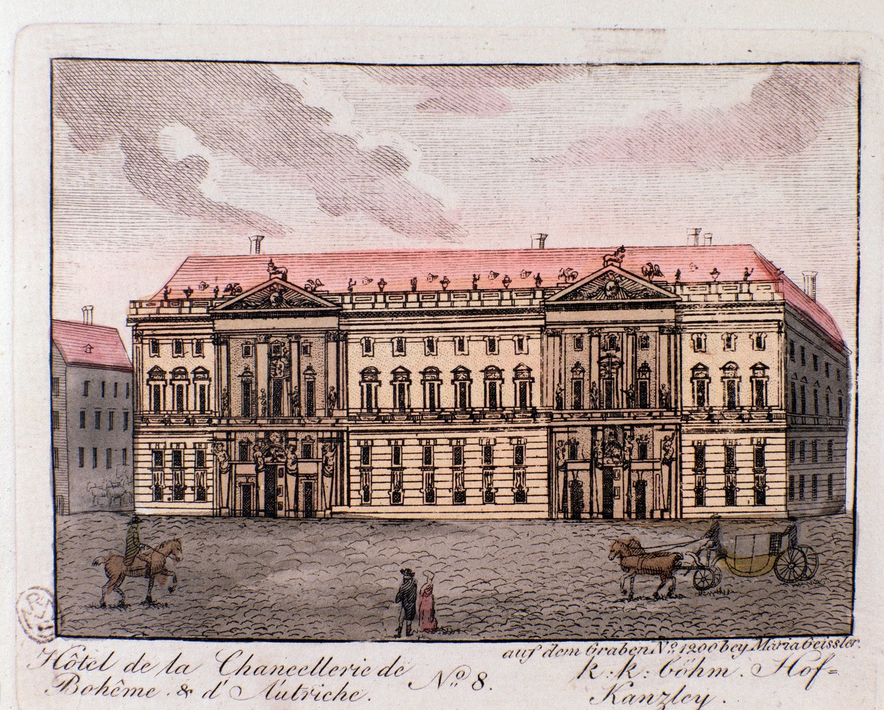 Vista do Hotel da Chancelaria de Boheme e Áustria, em Viena, Áustria. Gravura a partir de 1815 Coleção Privada de Unknown artist