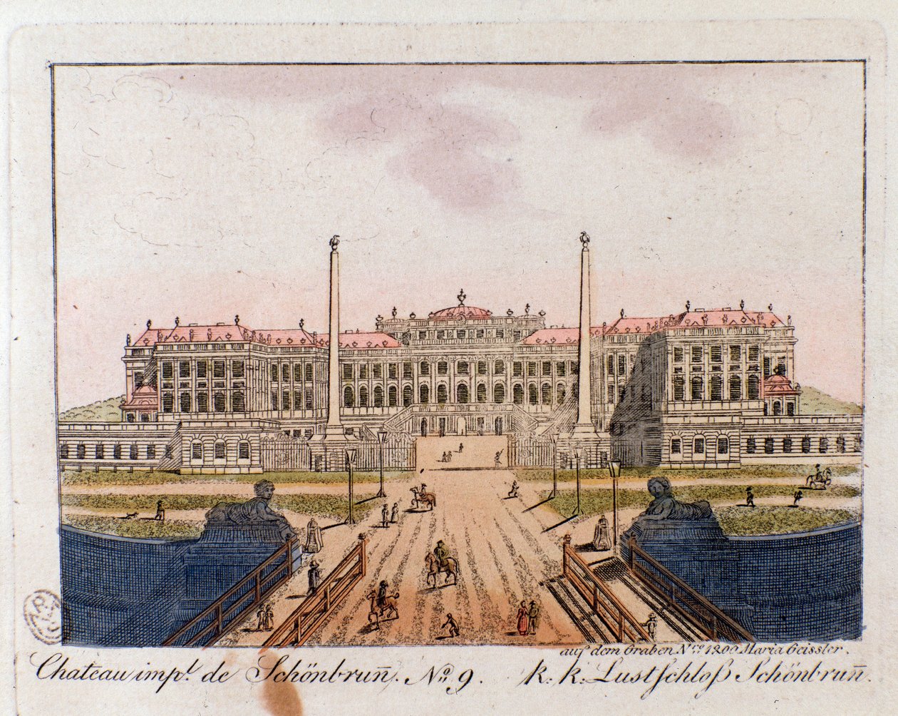 Vista do Castelo Imperial de Schonbrunn (Schonbrun) (séc. XVI-17) perto de Viena, Áustria Gravura de 1815 Colecção privada de Unknown artist