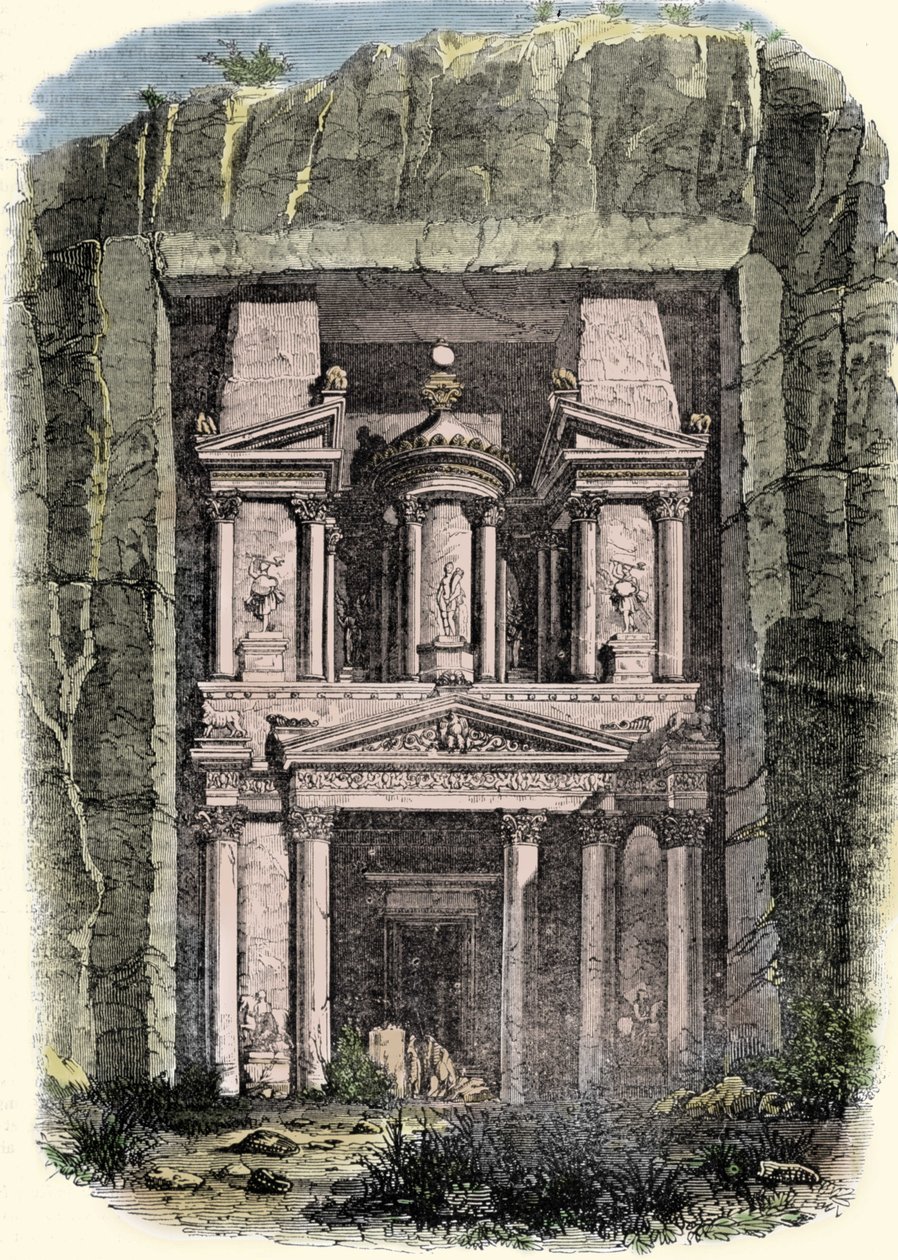 Vista do Khazneh (o Tresor) de Petra, na Jordânia, antiga capital do Império Nabateu. Gravura do século XIX de Unknown artist