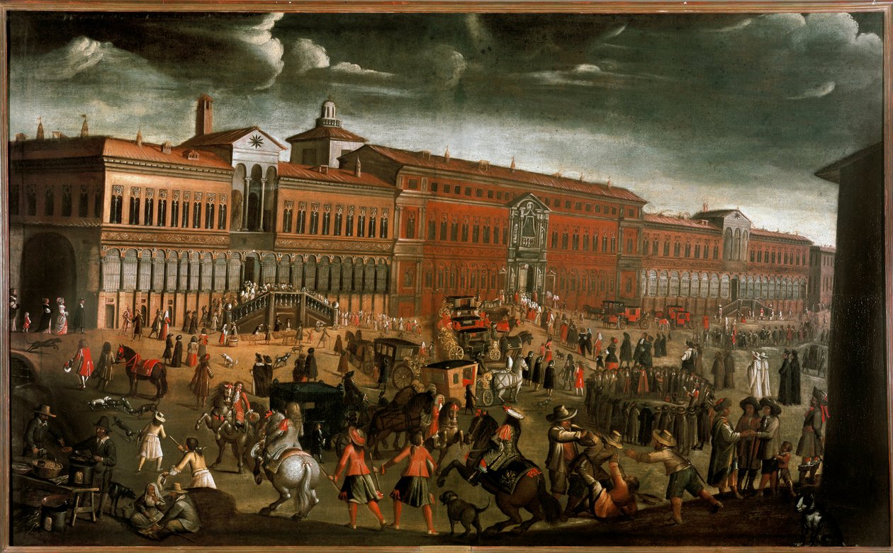 Vista do Ospedale Maggiore (Grande Hospital) no dia da Festa do Perdão em Milão Hoje é a Universidade Estadual. A praça é animada por vendedores, moradores, mendigos, ladrões e procissões religiosas. Pintura anônima por volta de 1670-1780 Dim. 142 de Unknown artist
