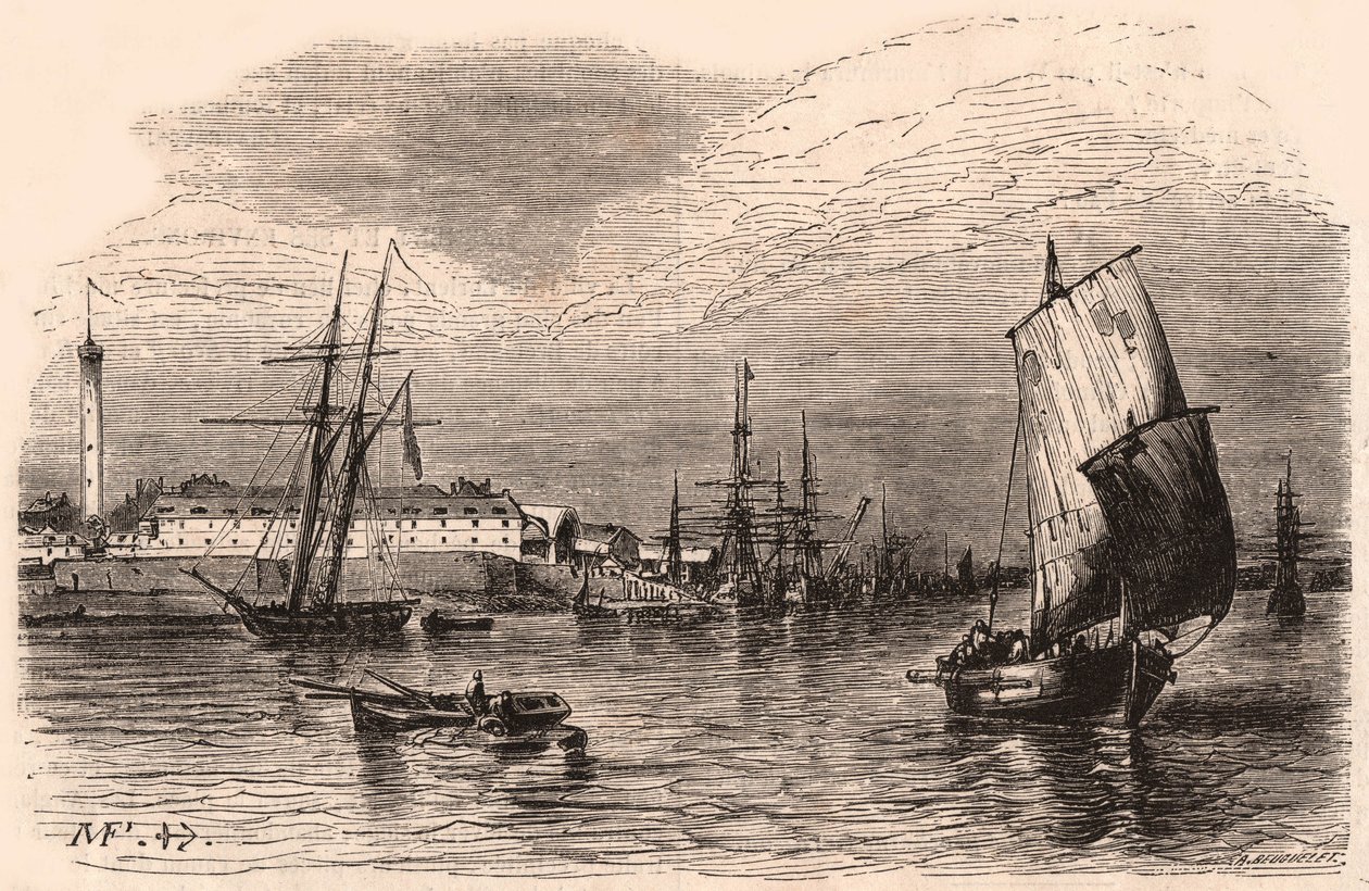 Vista, porto, lorient, morbihan, brittany, frança: veleiros, bote, primeiro plano, porto, edifícios, farol, fundo de Unknown