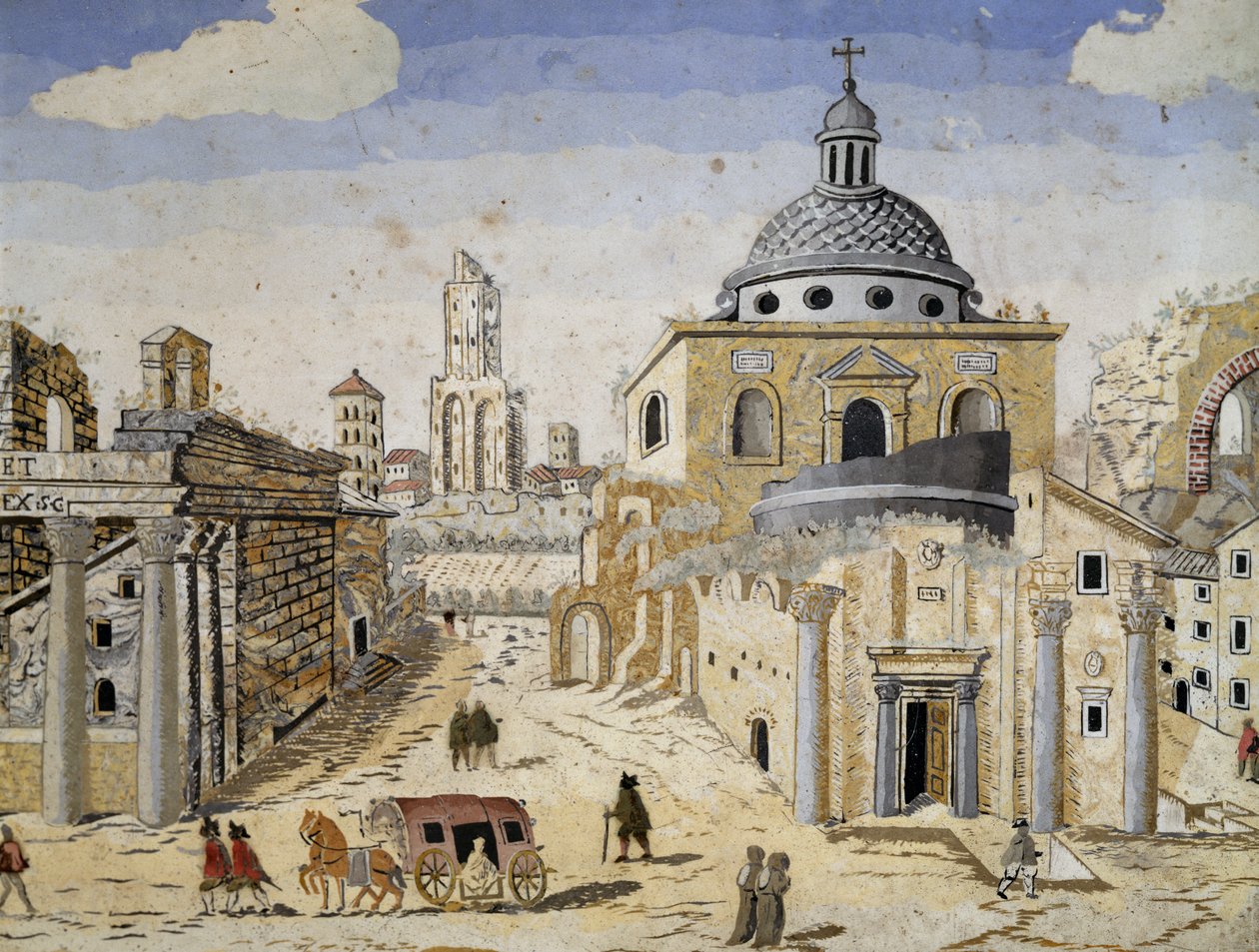 Vista do Fórum Romano, final do século XVII, scagliola em terracota de apoio. Detalhe de Unknown artist