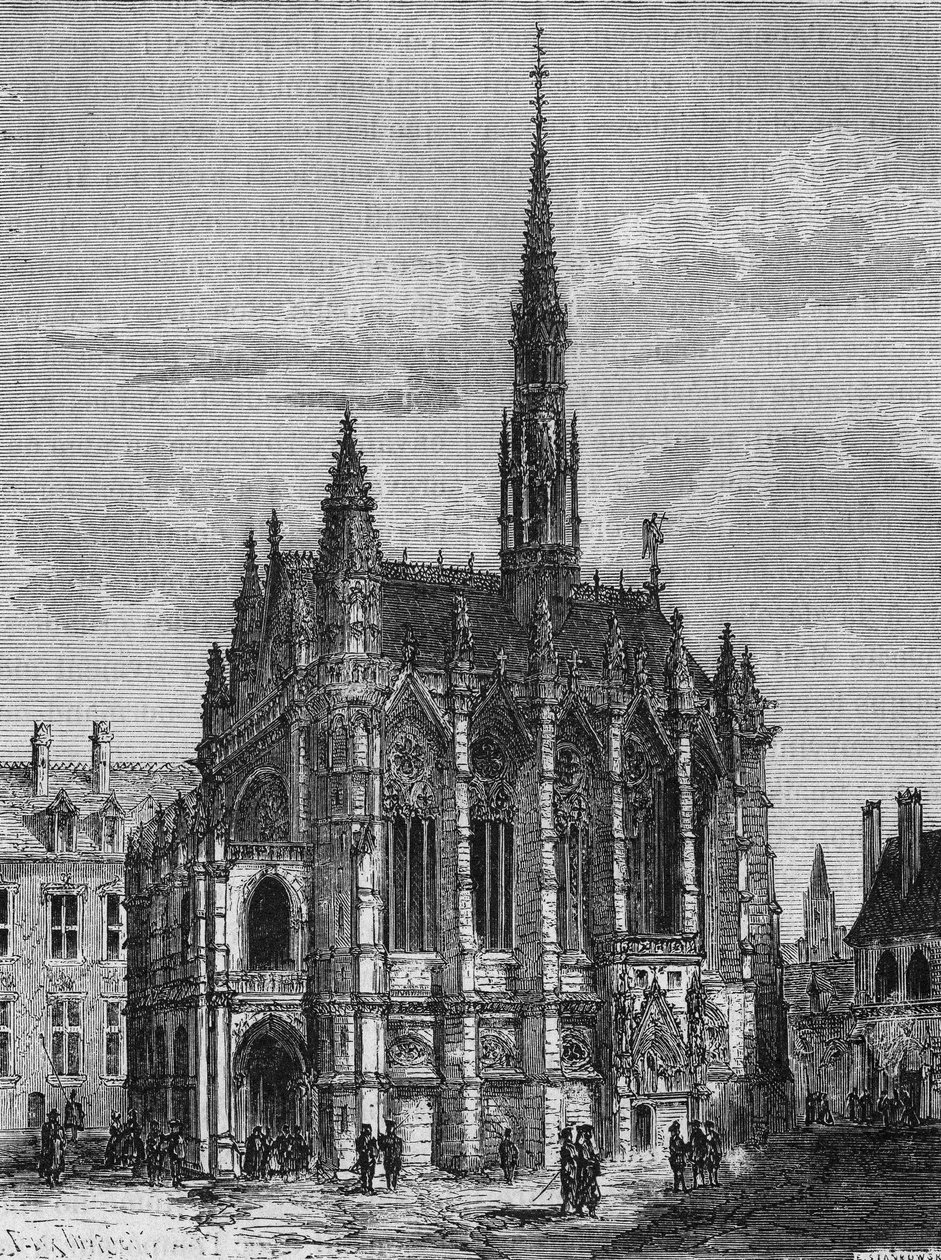 Vista da igreja de Sainte Chapelle em Paris. Gravura de L