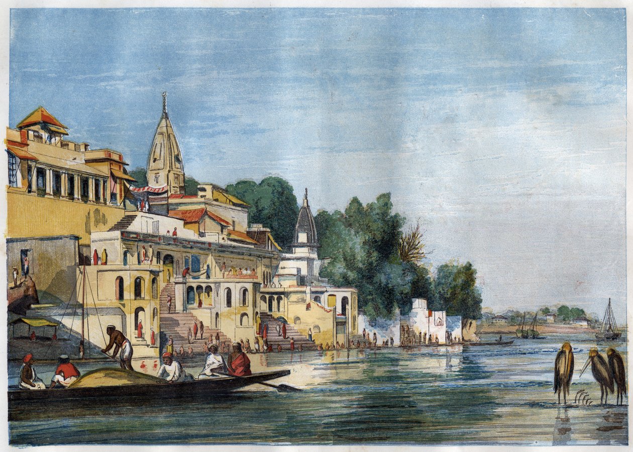Vista do Sutti Chowra Ghat no Ganges, em Cawnpore (Kanpur), Índia, em 1857. de Unknown artist