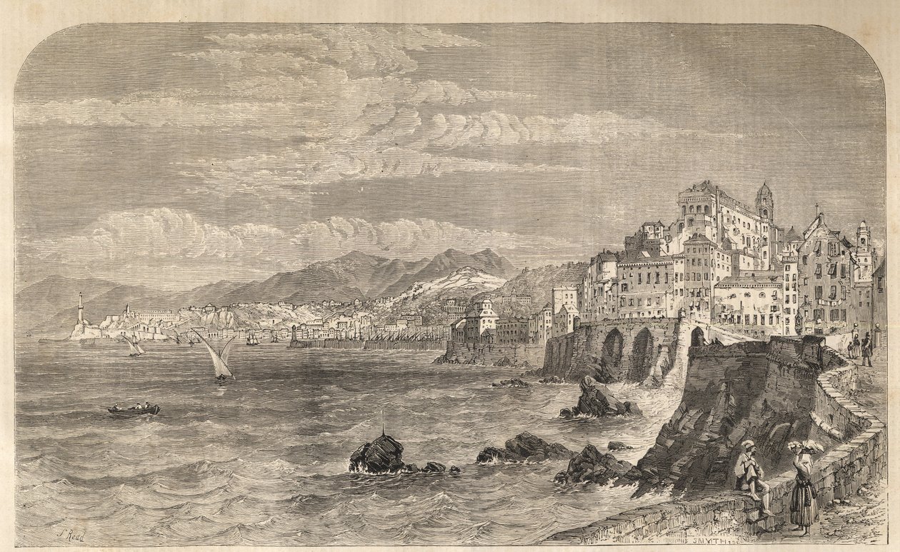 Vista do antigo Porto de Génova - Vista do porto de Génova - Genova en 1861 - Gravura de Unknown artist