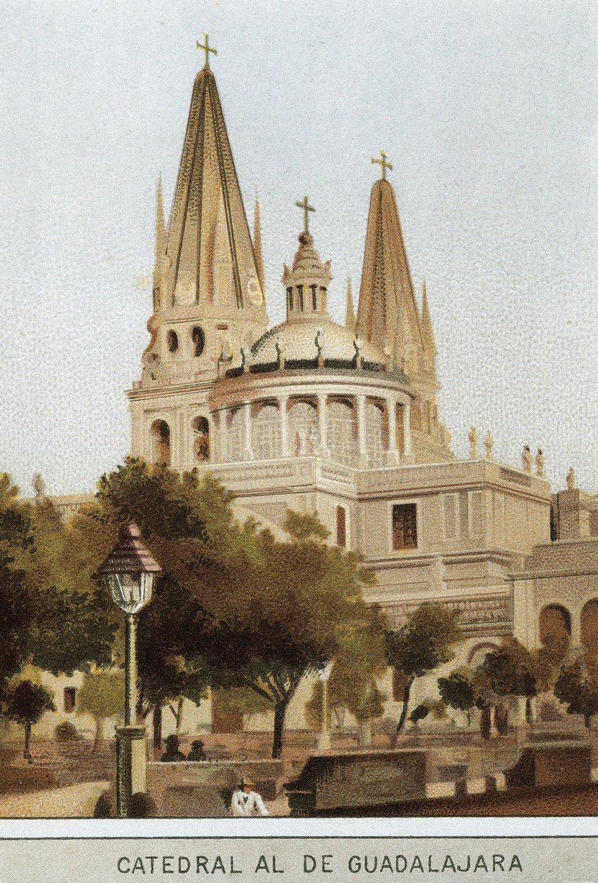 Vista da catedral de Guadalajara, na Cidade do México, México. Cromolitografia do século XIX de Unknown artist