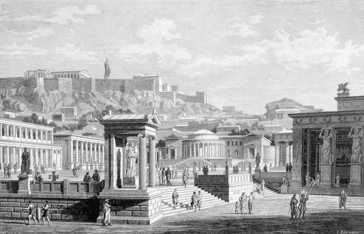 Vista do centro da cidade de Atenas. Gravura de 1877. de Unknown artist
