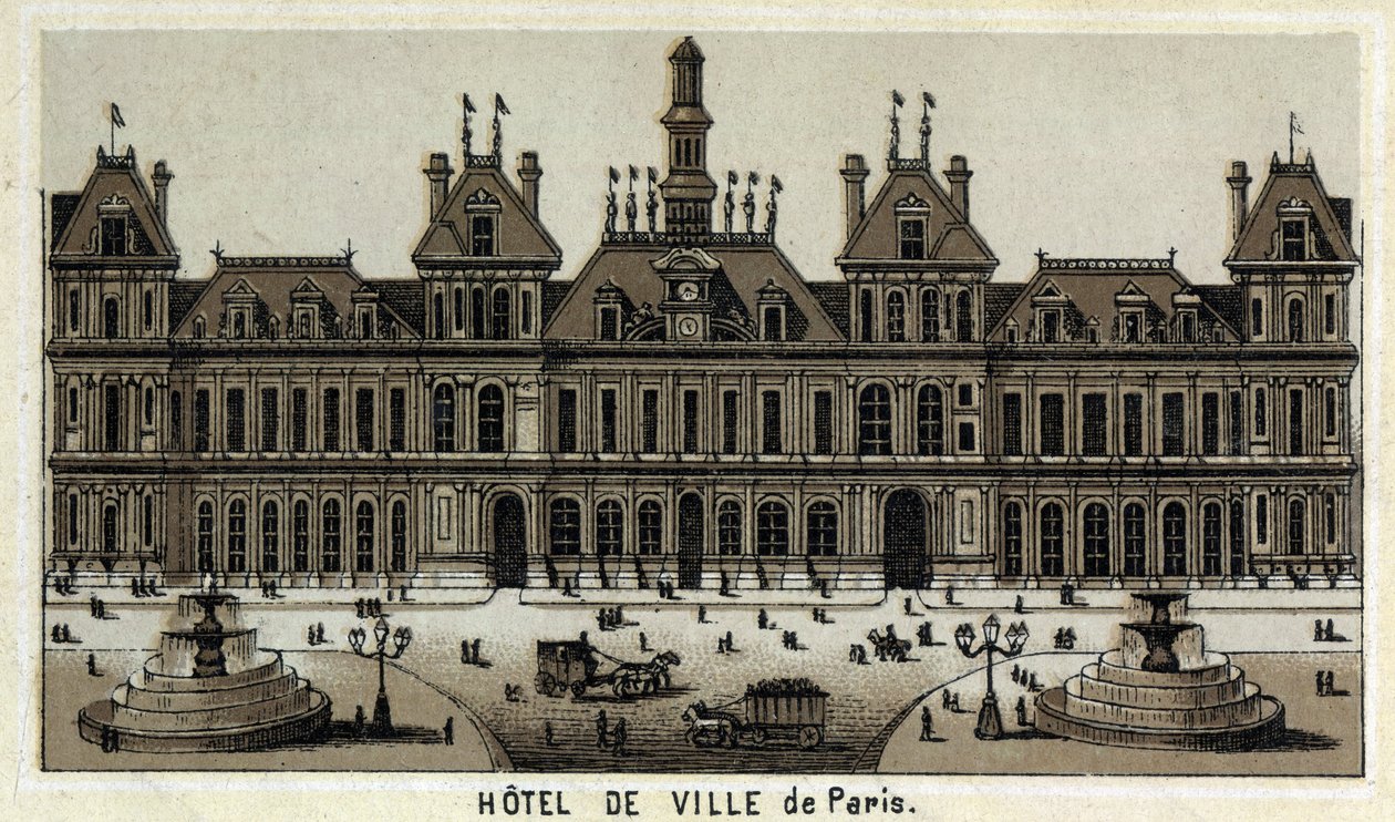 Vista da Câmara Municipal de Paris e do Local. Cromolitografia do final do século XIX. de Unknown artist