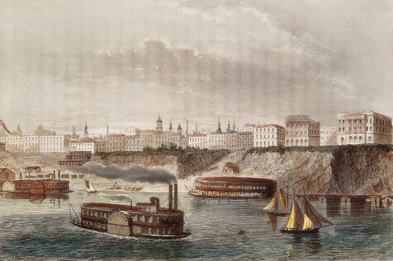 “" Vista da cidade de Cincinnati e do rio do mesmo nome em Ohio "" Velejam barcos a vapor e de rodas. Gravura do século XIX de Unknown artist