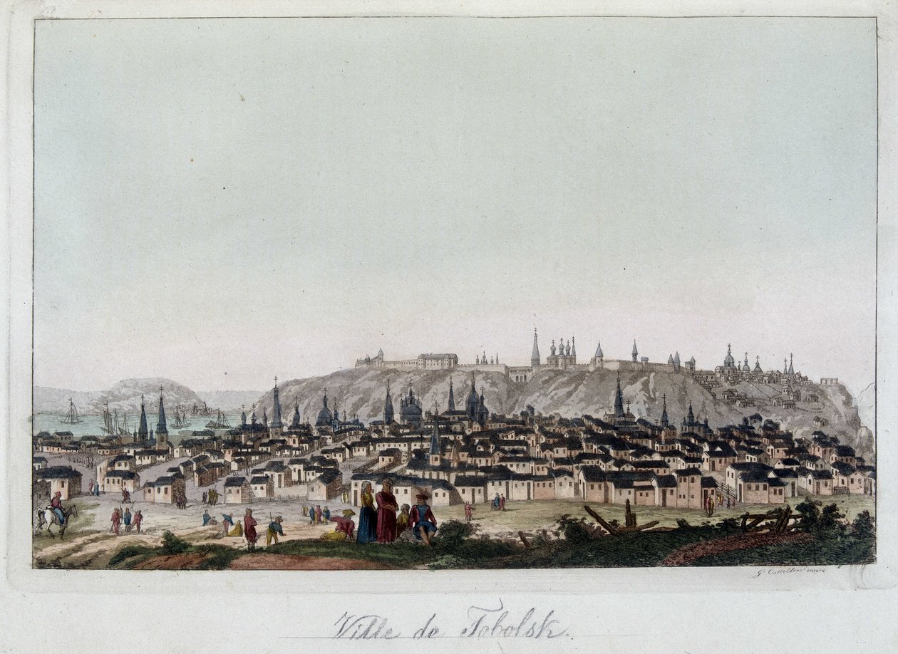 Vista da cidade de Fabolsk, Sibéria. Em "O traje antigo e moderno". de Unknown artist