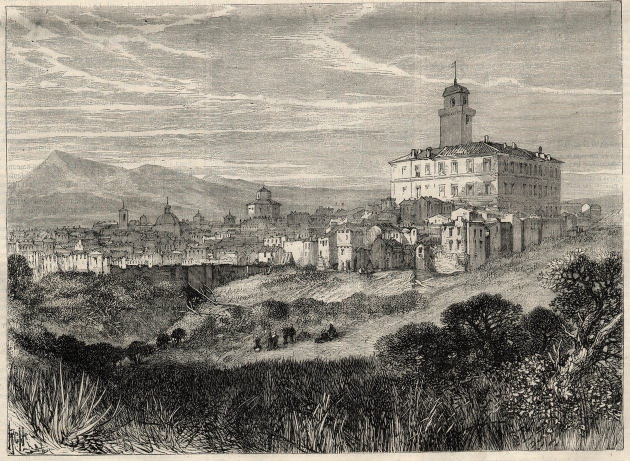 Vista da cidade de Monterotondo (Monte Rotondo, Monte-Rotondo) na Itália. Gravura em "L
