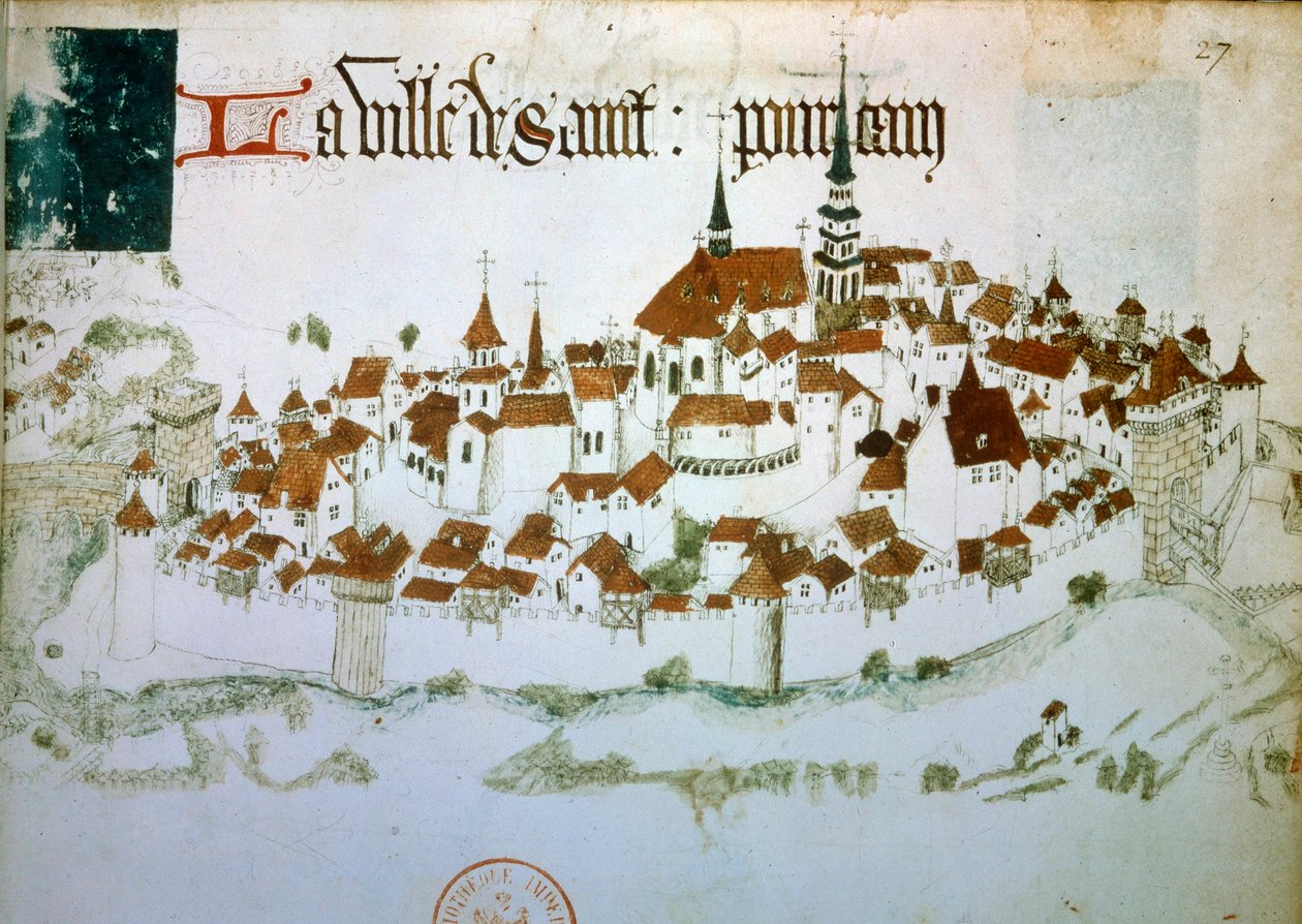Vista da cidade de Saint Pourcain sur Sioule no Allier, em Auvergne. Miniatura de um manuscrito do século XV. B.N. Paris de Unknown artist