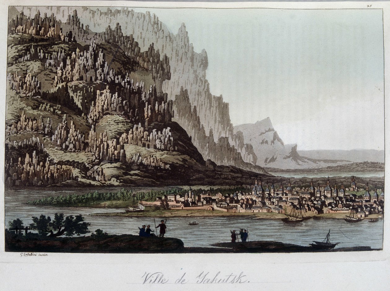 Vista da cidade de Yakutsk na Rússia. Em "O traje antigo e moderno" 1819-1820, de Ferrario. de Unknown artist