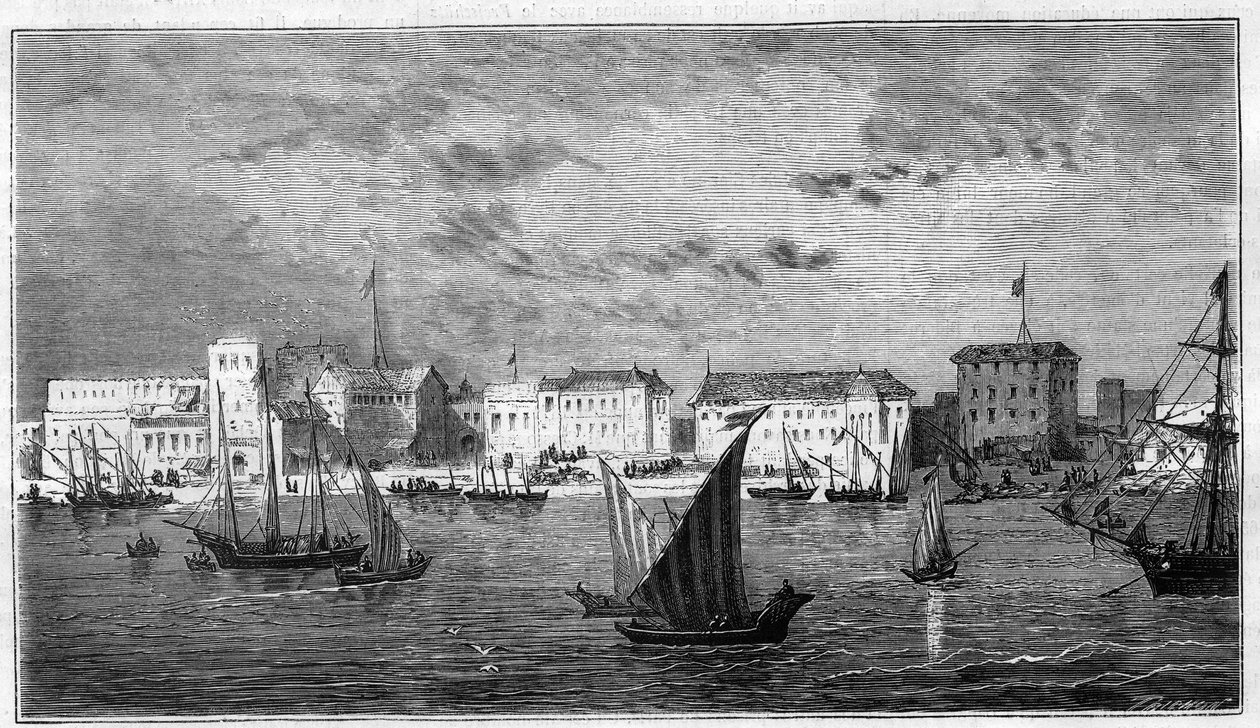 Vista da cidade de Zanzibar na África. À esquerda, o consulado francês. À direita, o palácio do sultão e o arsenal. Gravura em "O Universo ilustre". de Unknown artist