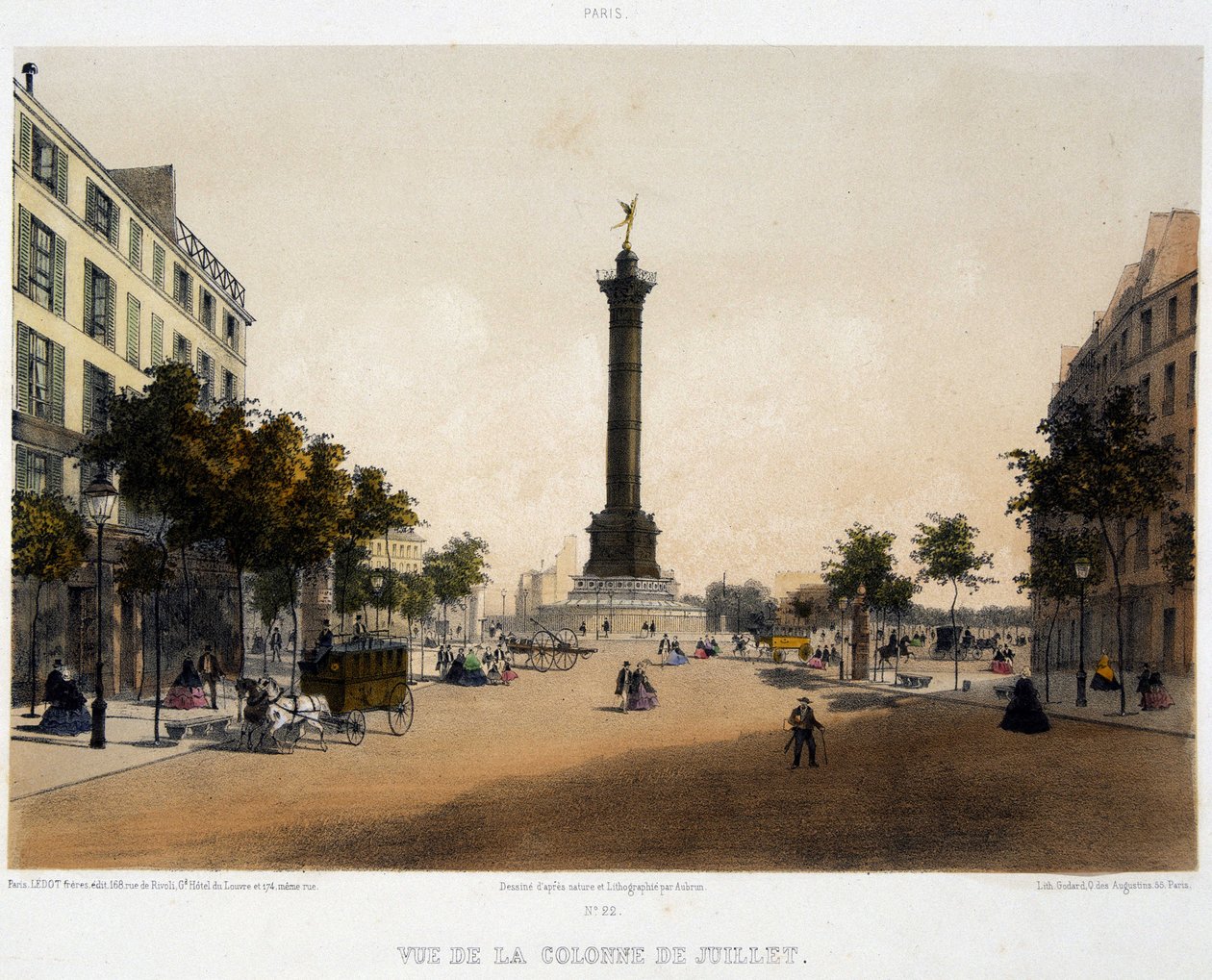 Vista da coluna de Julho (Place de la Bastille) do Boulevard Beaumarchais - litografia de Unknown artist