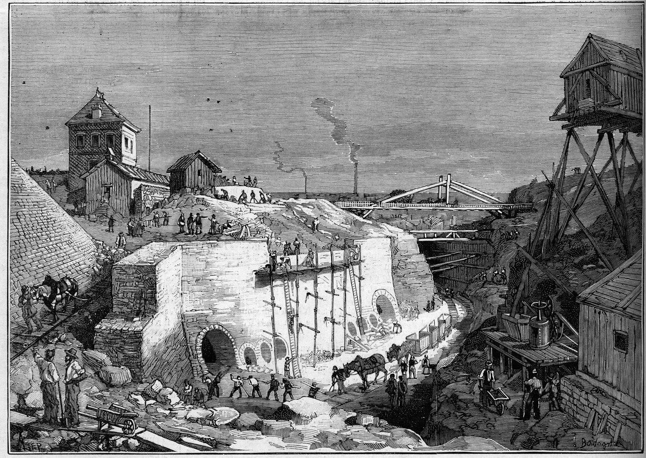 Vista do local da construção dos tanques de água potável de Villejuif. Gravura em "Le Monde Illustré" n°1300 de 25 de fevereiro de Unknown artist