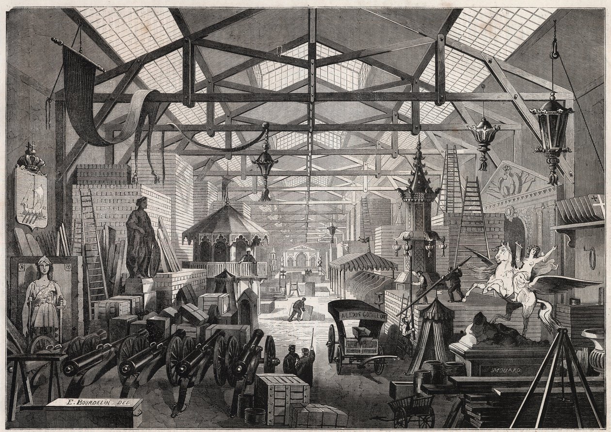 Vista das oficinas de construção de Eugene Delessert, empresa organizadora de festas públicas, avenida Dauphine a Paris - Gravação no "Le Monde Illustré". de Unknown artist