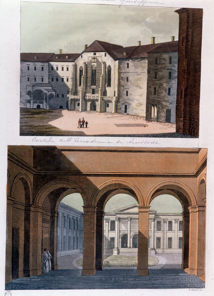 Vista do pátio da Academie de Neustadt e dos banhos públicos em Viena. Gravura Áustria a partir de 1826 Colecção Privada de Unknown artist