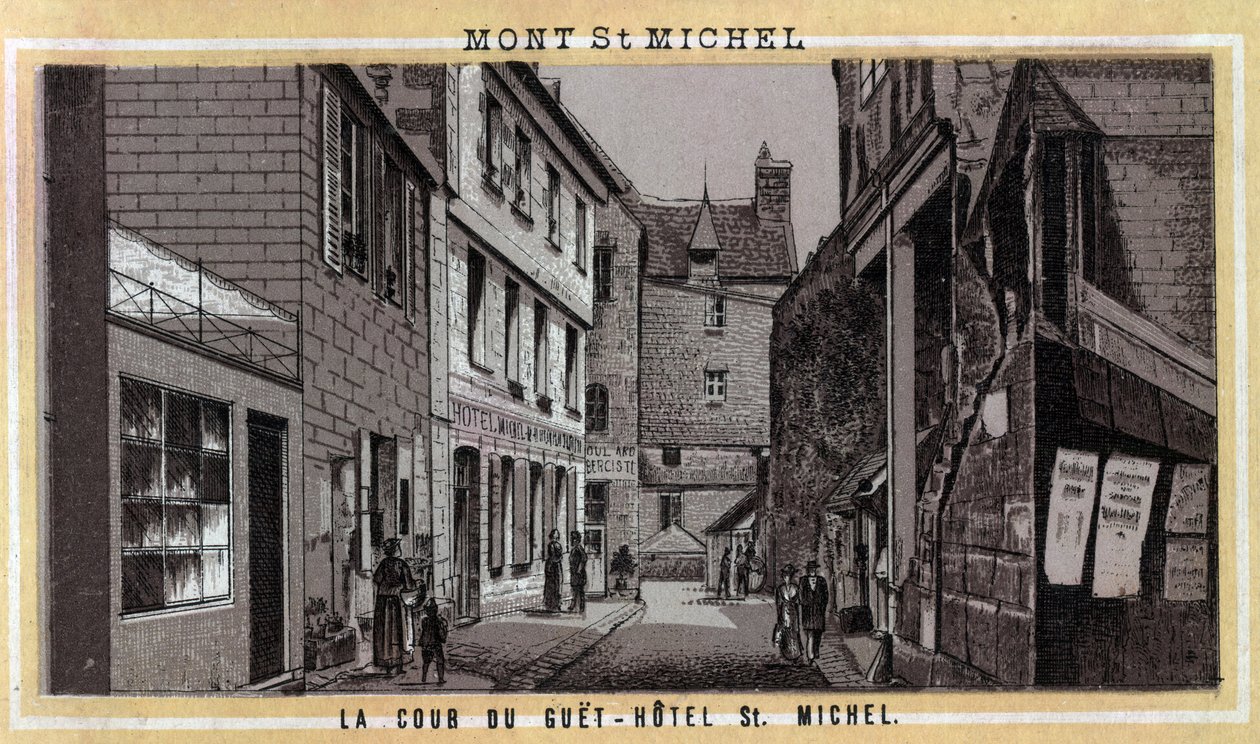 Vista do pátio do Guet Hotel (Guet-Hotel) em Mont Saint Michel, Manche, Normandia. Cromolitografia do final do século XIX. de Unknown artist