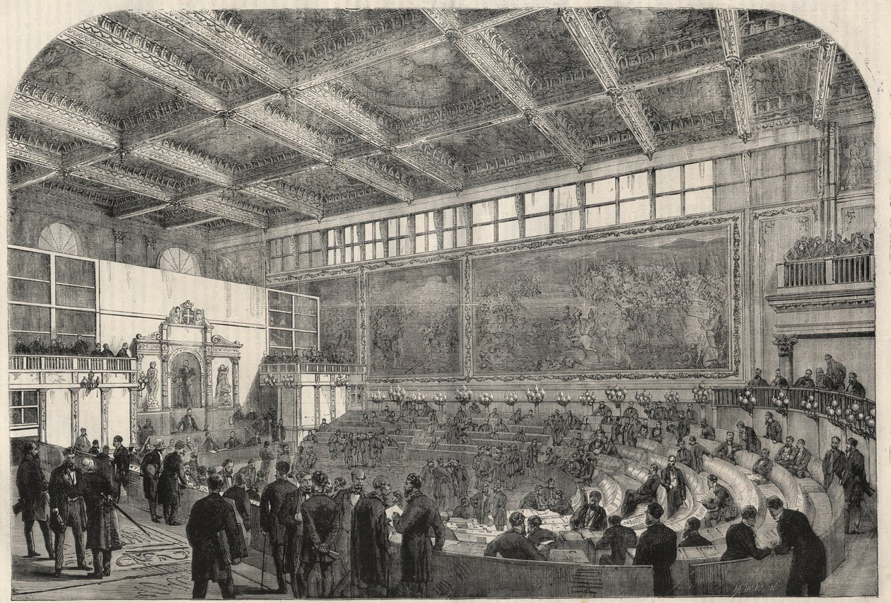 Vista da sala de depoimentos no Palazzo Vecchio, em Florença, Itália. Gravura em "L